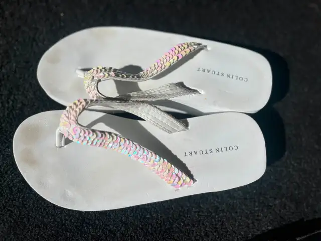 Shoes - White Flip Flops with iridescent sequin strap63738330804739120