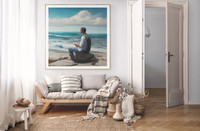 Contemporary art piece-man sitting looking at the ocean.