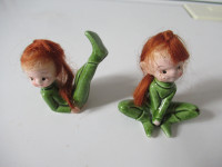 2 Vintage Green Pixie/Elf Girls Ornaments