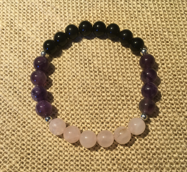 Genuine Pink Quartz, Amethyst and Silver Sheen Obsidian Bracelet