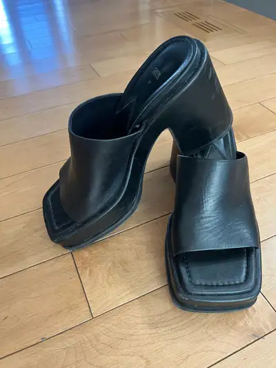 Zara Black Leather Platform Slides - 7, View more