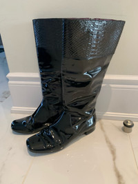 Coach “ Fresno” black patent leather knee high boots