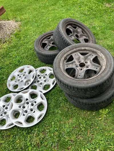 Rims, tires, hubcaps. 225 50 17. Bolt pattern is 114.3 mm or 4.5 inch. Came off 2011 Ford fusion. Tr...