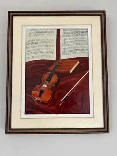 This beautiful vintage oil painting on canvas features a classic musical still life. It depicts a vi...