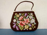 Vintage Needlepoint Floral Purse Dark Brown