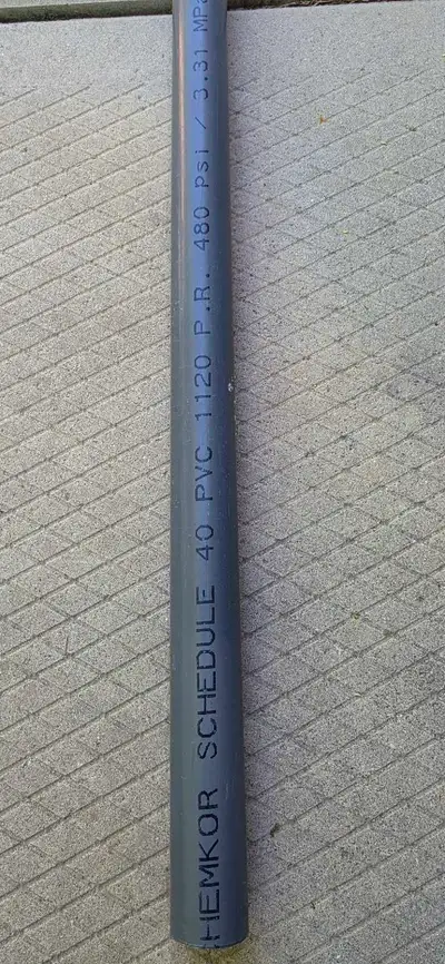 Durable grey PVC pipe is Schedule 40. It has a pressure rating of 480 psi / 3.31 MPa. Pipe is suitab...
