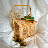 Vintage Bamboo Picnic Basket 2 bottle holders Boho Inspired