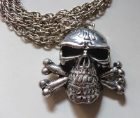Vintage NY Silver Plated Metal Skull with Chain Necklace