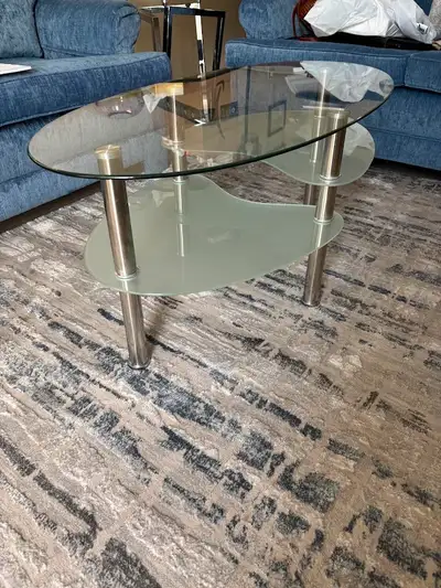 Oval glass and sandblast shelf with chrome legs. 39.5"L x 20"W x 17.5"H PH: 807-251-2572