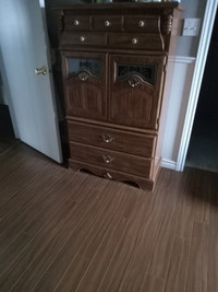 Highboy dresser with etched glass doors