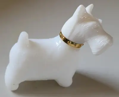 Vintage 1973 Avon Milk Glass Scottie Terrier Dog Perfume Bottle - 3 1/2 inches length x 3 inches tal...
