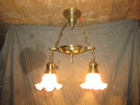 1930s ANTIQUE LIGHTING 2 ARM BRASS PAN LIGHT WITH OLD SHADES