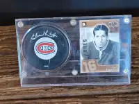 Elmer Lach Montreal Canadians Autographed Puck and Card Set.