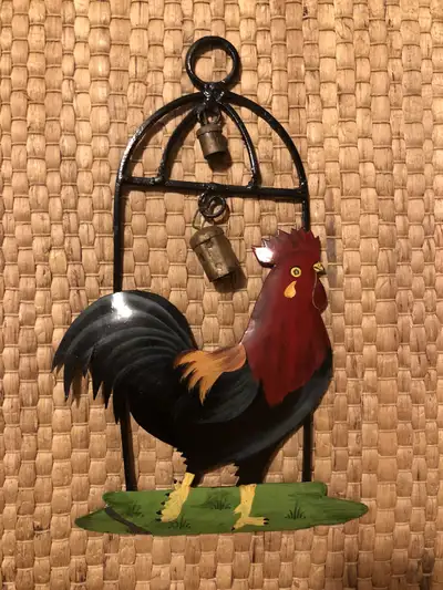 Vintage Metal Rooster Hand Painted Wall Hanging With Two Tiny Bells 12.5”h x 7”w Follow redheadvinta...