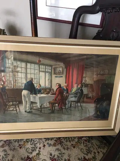 Antique coloured print of gentleman discussing business in restaurant pub or office gathering. Uniqu...