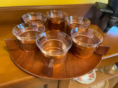 MCM Vintage Round Teak Serving Tray with 6 Copper Teak Cups Mugs. The tray is by Shigemichi Aomine N...