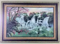 Serene Waterfall Scene with Birds and Pink leaves