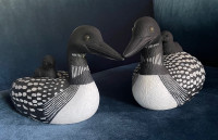 2 Loons with Baby Chicks (White & Black) Garden or Decoy