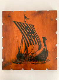 Vintage Viking Ship wooden plaque Mid Century Modern MCM