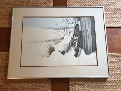 Vintage Snow Covered Wood Pile & Metal Wagon Wheel WaterColour Print Signed Jack Reid With Matte & S...