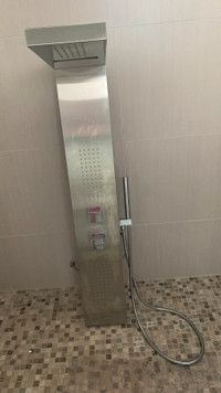 Shower panel column with waterfall in pewter