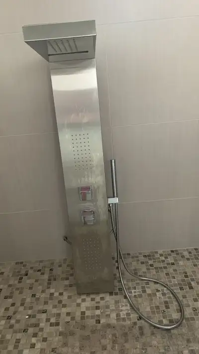 Shower panel column with waterfall in pewter, View more