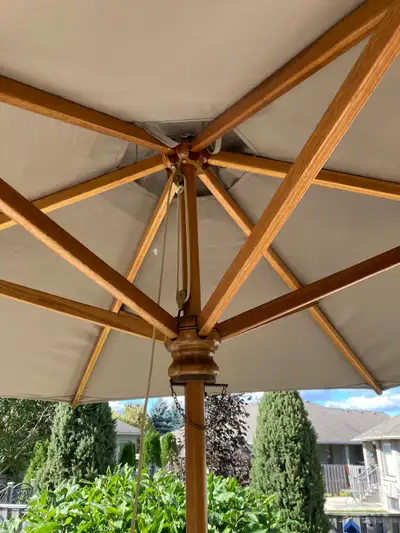 Beautiful 90 “ wide fabric and wood patio table umbrella, View more