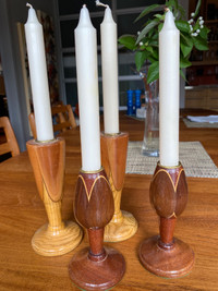 4 handcrafted wood candlestick holders 