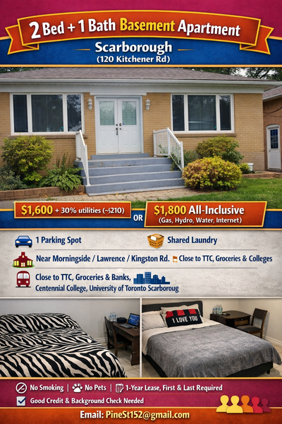 **2 Bed + 1 Bath Basement apartment– Scarborough (120 Kitchener Rd)** $1,600 $ All-Inclusive (gas, h...