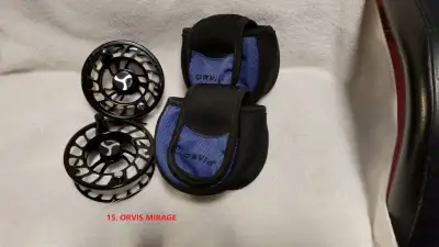 ORVIS MIRAGE V FLY REEL 9-11 wt. with spare spool/both with backing with two pouches Excellent condi...