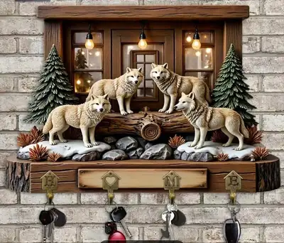 *NEW* 2-D FLAT WOODEN PANEL TIMBER WOLF PACK KEYCHAIN HOLDER , View more