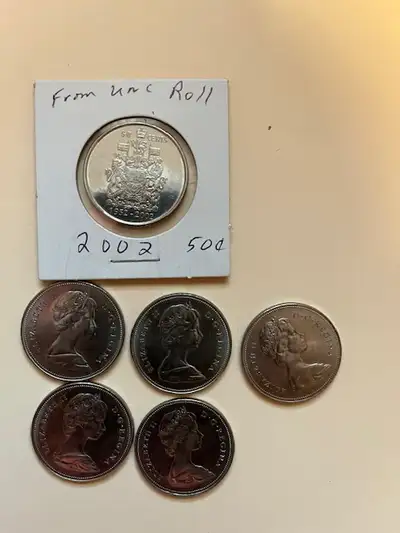 CANADA 50 Cent Coins, 1969,1970,1971,1972,1974, & unc.2002 Five circulated 50 Cent Coins. 1969, 1970...