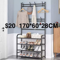 3 Tiers Shelves Metal Coat Rack Stand with Shoe Storage Hallway 