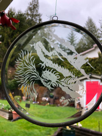 Vintage Year of the Dragon 6 Inch Etched Glass Window Hanging