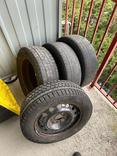 These Ovation 215/60R16 winter tires are mounted on steel rims and are in used condition, The steel...