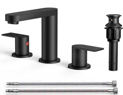 Brand new in the box. Matte black three hole bathroom faucet fixture. Pick up anytime near Cineplex...