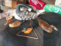 Vintage duck decoys, large Cda goose, 1/2 moon cabinet