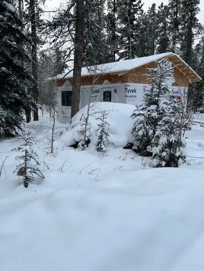 20x24 cabin -Fully enclosed -Insulated with Vapor barrier installed -Wood stove installed . -Door ha...