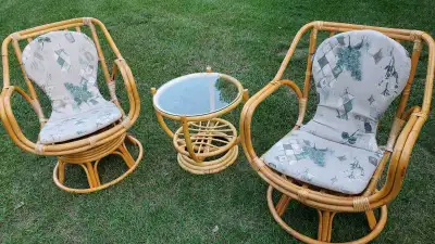 Antique Bamboo Swivel Chairs and Table Set, View more