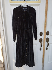 Black Velour Long button down Dress (M)