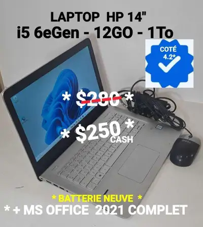 LAPTOP HP PERFORMANT 14" -i5 6eGen- 12GO- 1TO- HDMI, View more