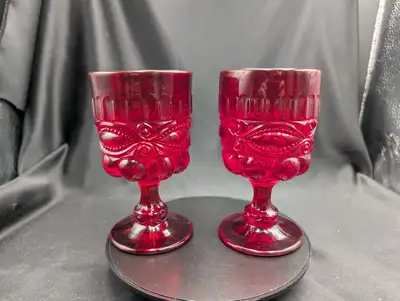 Vintage Ruby Red “Eye Winker” Glass Water Goblet Pair Wine Glass, View more