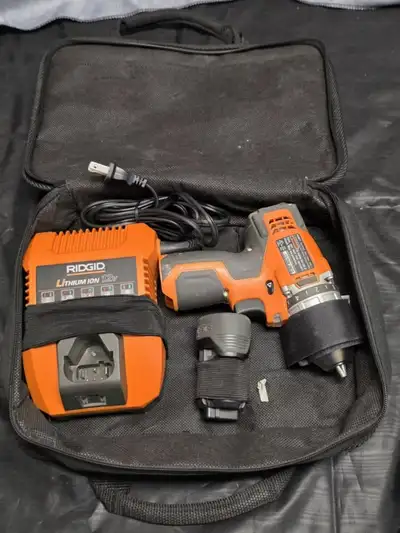 PIC 1: drill set ridgid 12v lithium ion driver kit r820071 $50. PIC 2: RIDGID R860052K 18V 1/2" CORD...
