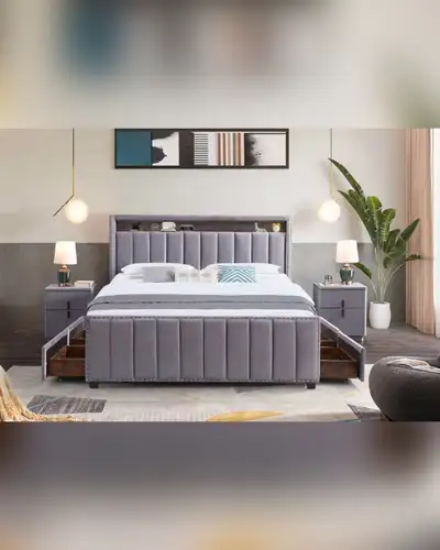 MARK BED LED LIGHTS 4 STORAGE DRAWERS POWER SOCKETS ON HEADBORAD No box spring required 2 COLORS = G...
