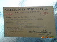 GTR Grand Trunk Railway Employee Pass 1922.