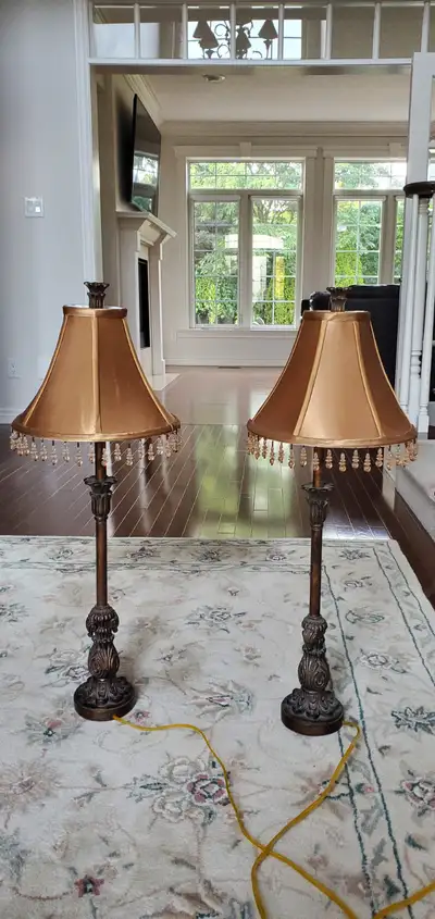 Two 30" tall ornamental lamps with shades, great condition, View more