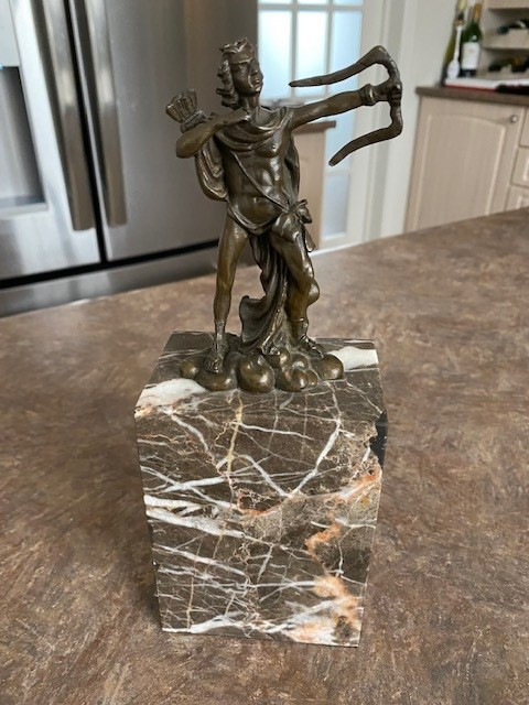 ANTIQUE Heavy Bronze Male Archer on  Marble Pillar Stand in Arts & Collectibles in Gatineau