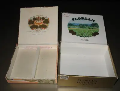 Vintage Cigar Tobacco Box (2) Havana Florian 8"x6"x3" // & Hupmann 7"x7"x1.5 inch. Good condition an...