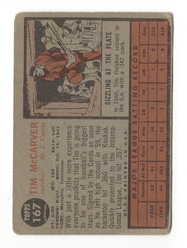 1962 Topps Baseball #167 Tim McCarver Rookie Card Cardinals in Arts & Collectibles in City of Toronto - Image 2