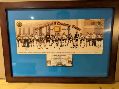 Framed Boston Bruins Collectable Piece Of Wooden Seat Measures 21" x 15"